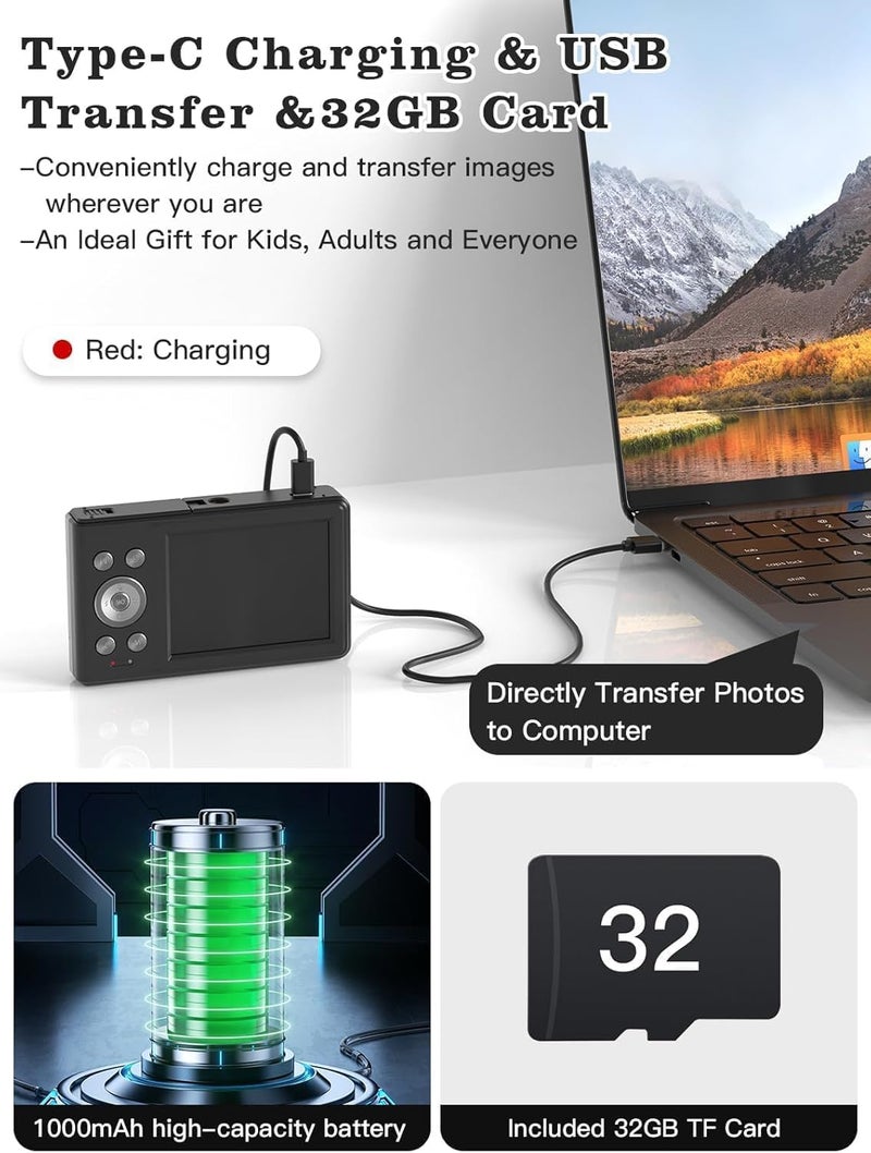 Fleafer Upgrade Digital Camera, 56MP FHD 1080P for Kids with 16x Zoom Anti Shake, 32GB TF Card, Two Batteries, Lanyard, Compact Small for Boys Girls （Black） - Image 4